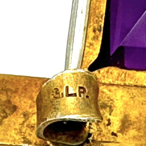 Transitional Art Deco Brass Brooch by George L Paine with Purple Glass Cabochon - Picture 5 of 9